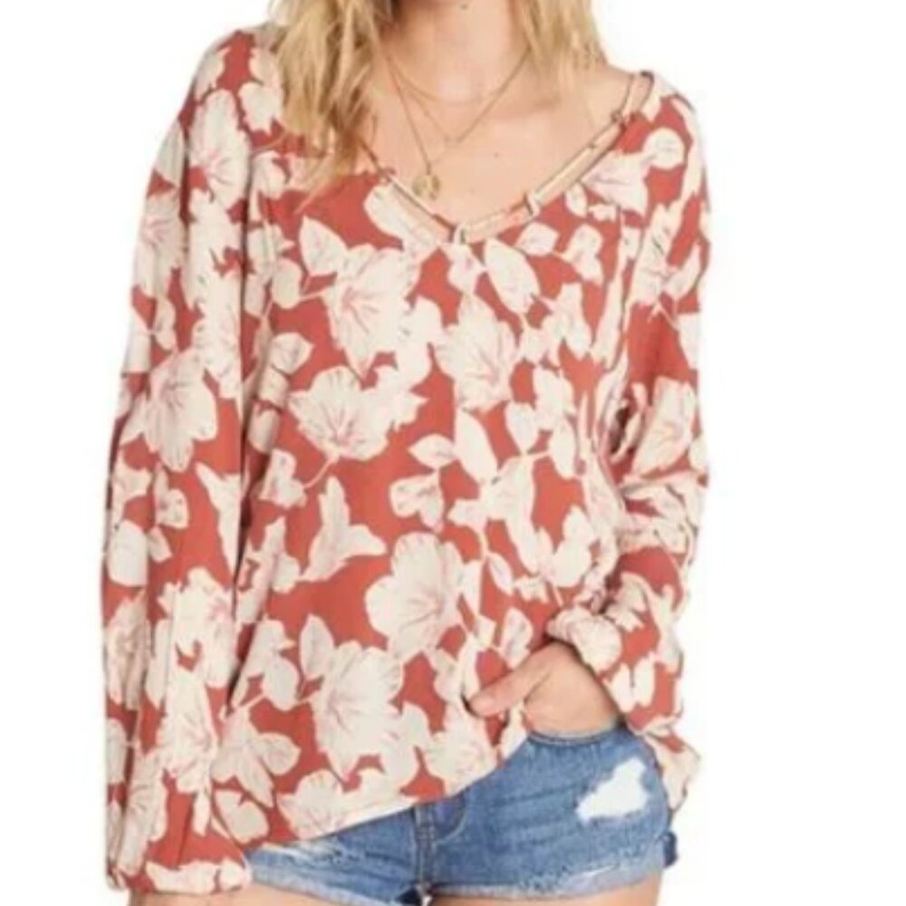 Billabong Winding Roads Floral Print Top Blouse Orange Cream Sz S PTP 18" EUC